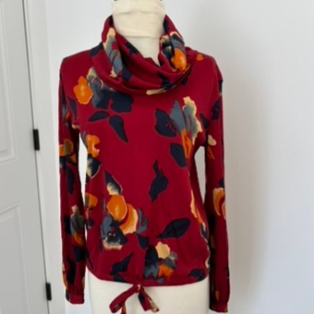 Vintage cowl neck floral knit shirt drawstring bottom